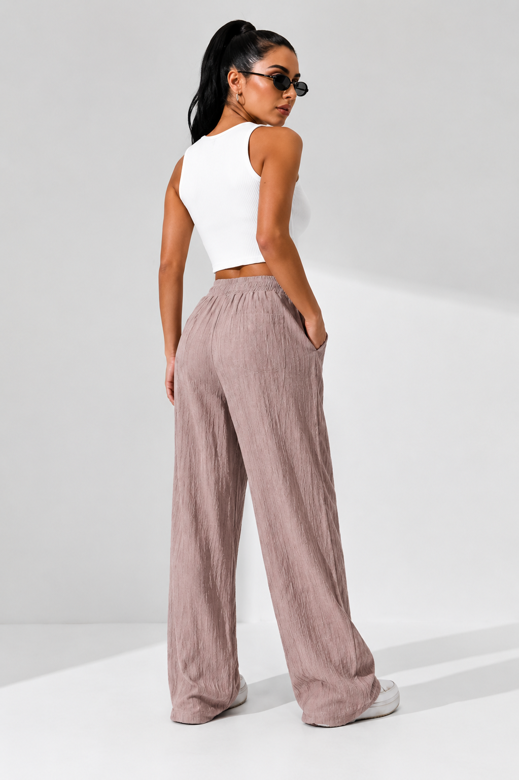 Dusty Rose Wide Leg Palazzo Pants for Women | Elastic Waist Crinkle Lounge Trousers
