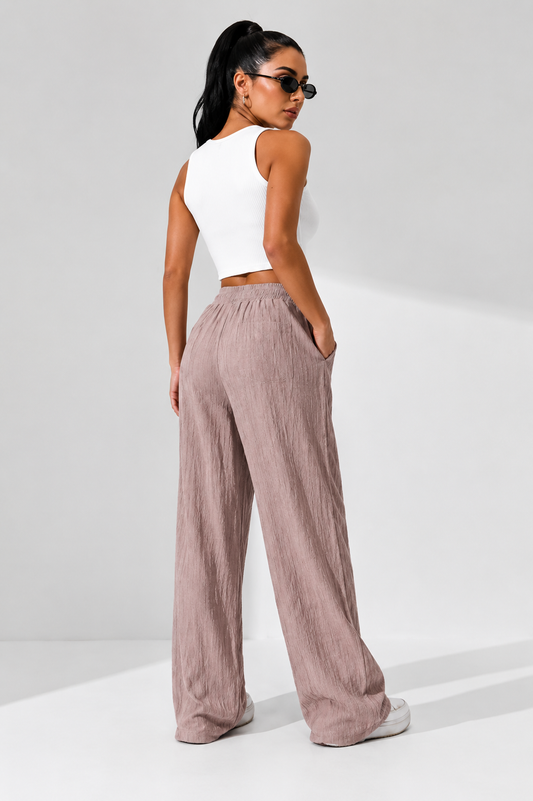 Dusty Rose Wide Leg Palazzo Pants for Women | Elastic Waist Crinkle Lounge Trousers