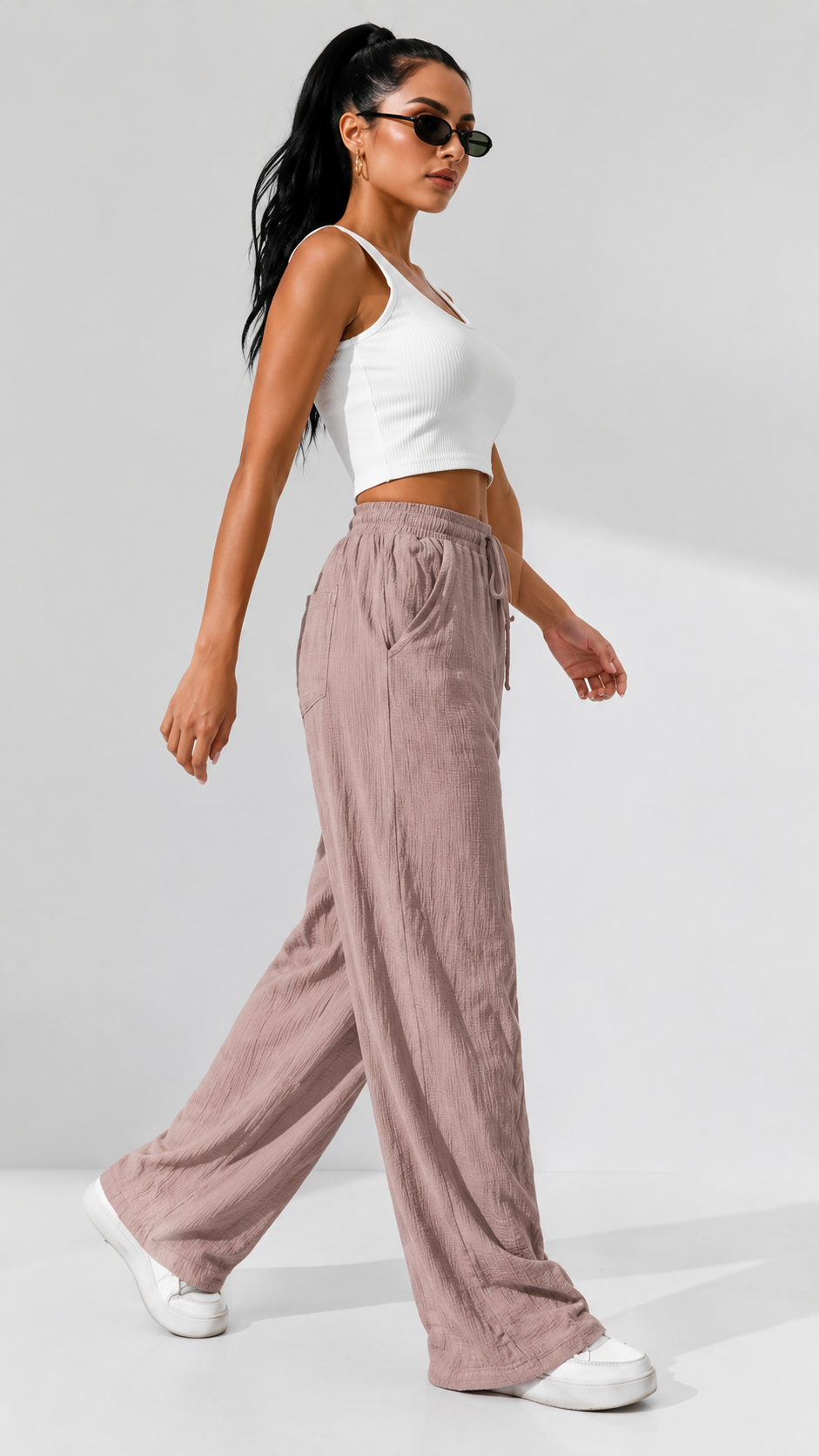 Dusty Rose Wide Leg Palazzo Pants for Women | Elastic Waist Crinkle Lounge Trousers