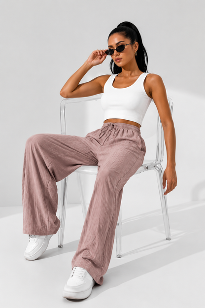 Dusty Rose Wide Leg Palazzo Pants for Women | Elastic Waist Crinkle Lounge Trousers