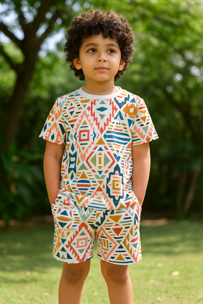 Kids Tribal Geometric Printed T-Shirt & Shorts Co-ord Set – Looper Polyester Casual Wear