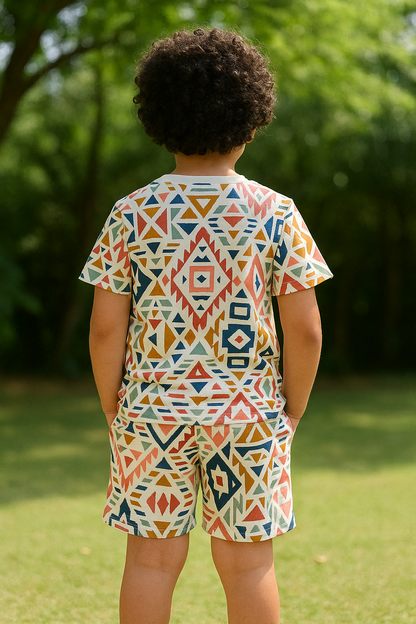 Kids Tribal Geometric Printed T-Shirt & Shorts Co-ord Set – Looper Polyester Casual Wear