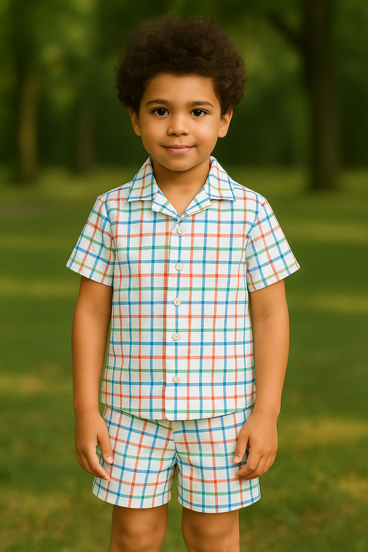 Kids Multicolor Check Print Shirt & Shorts Co-ord Set – Soft Looper Polyester Summer Outfit