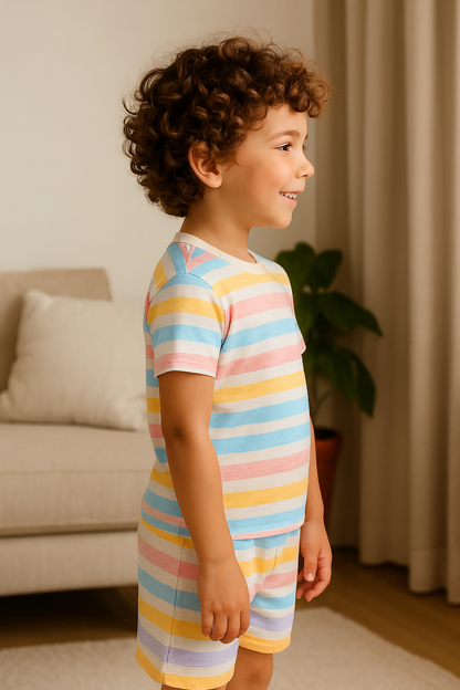 Kids Pastel Rainbow Stripe T-Shirt & Shorts Co-ord Set – Soft Looper Polyester Loungewear