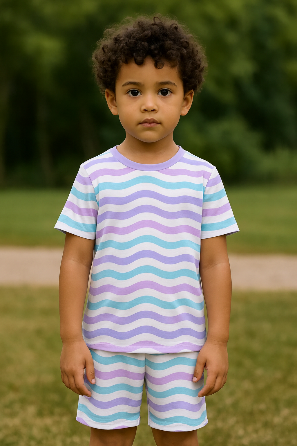 Wavy Whirl print set, kids co-ord summer outfit, polycotton kids nightwear, boys & girls teddy set, cute kids clothing, kids shorts and t-shirt set