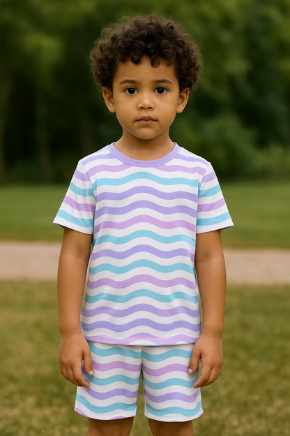 Wavy Whirl print set, kids co-ord summer outfit, polycotton kids nightwear, boys & girls teddy set, cute kids clothing, kids shorts and t-shirt set