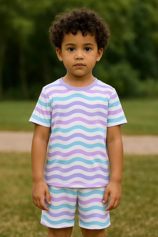 Wavy Whirl print set, kids co-ord summer outfit, polycotton kids nightwear, boys & girls teddy set, cute kids clothing, kids shorts and t-shirt set