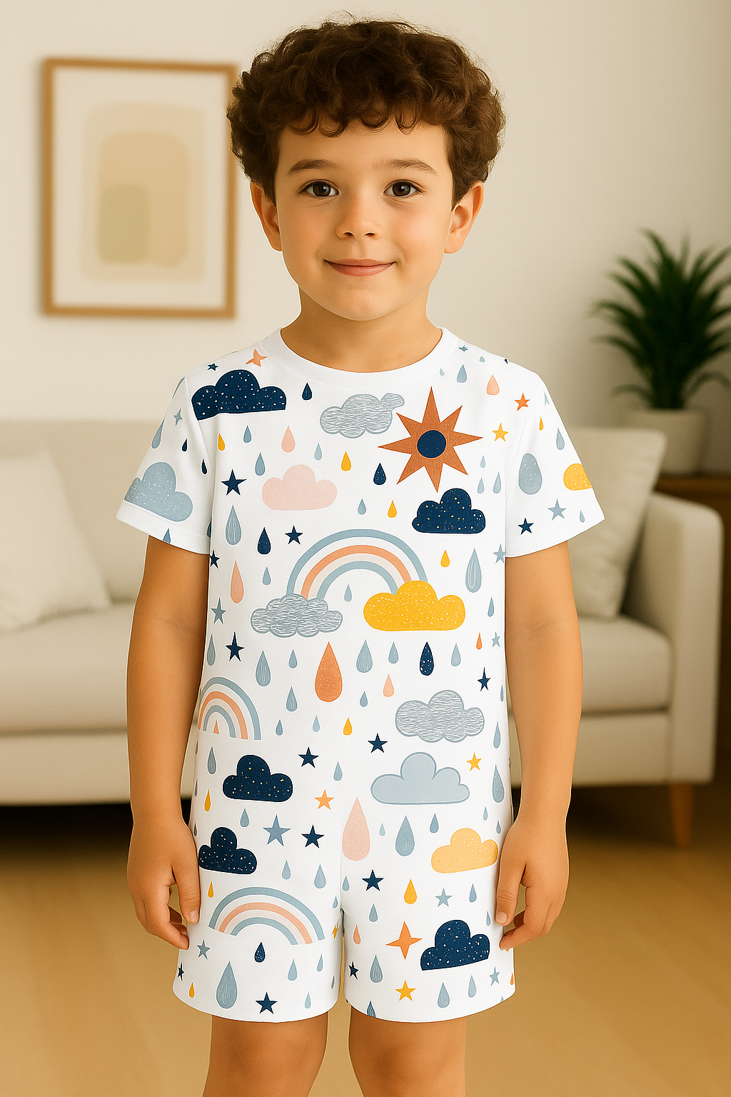 Kids Rainbow & Clouds Printed Shirt and Shorts Co-ord Set – Looper Polyester Casual Wear