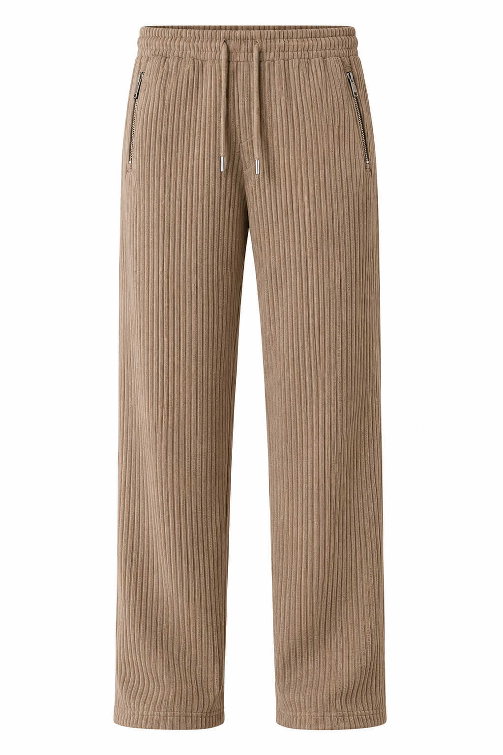 Beige Ribbed Track Pants for Men | Premium Relaxed Fit Textured Joggers with Zip Pockets