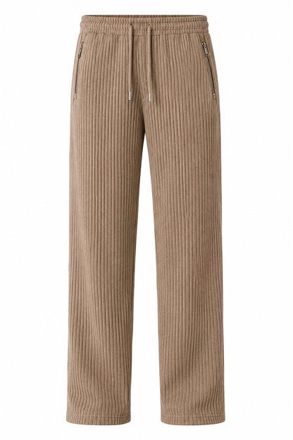 Beige Ribbed Track Pants for Men | Premium Relaxed Fit Textured Joggers with Zip Pockets