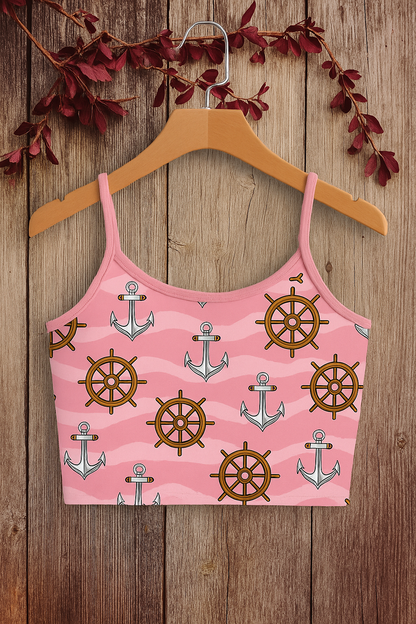 Nautical Anchor & Wheel Print Crop Cami Top – Cute & Trendy Look