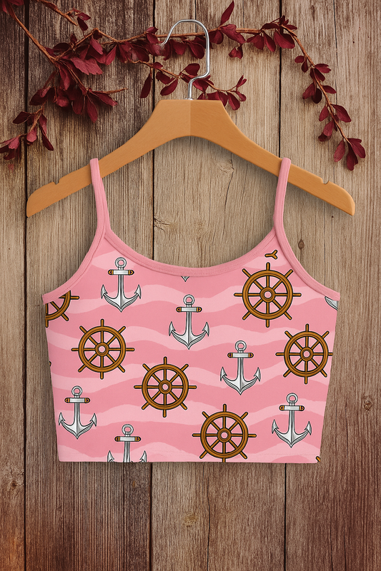 Nautical Anchor & Wheel Print Crop Cami Top – Cute & Trendy Look