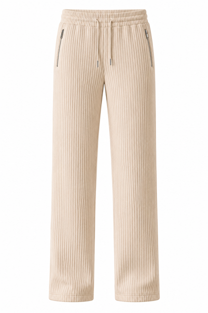 Off White Ribbed Track Pants for Men | Premium Relaxed Fit Textured Joggers with Zip Pockets