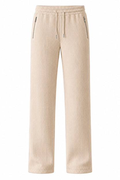 Off White Ribbed Track Pants for Men | Premium Relaxed Fit Textured Joggers with Zip Pockets