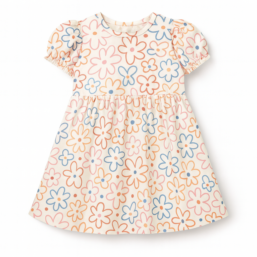 Floral Cartoon Print A-Line Dress for Baby Girls