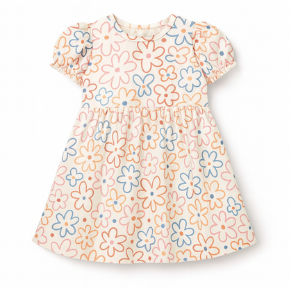 Floral Cartoon Print A-Line Dress for Baby Girls