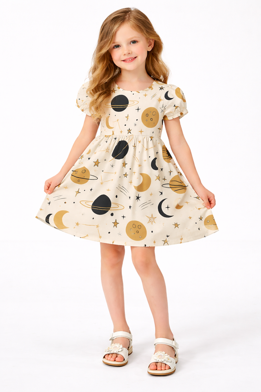Space Galaxy Print A-Line Dress for Baby Girls