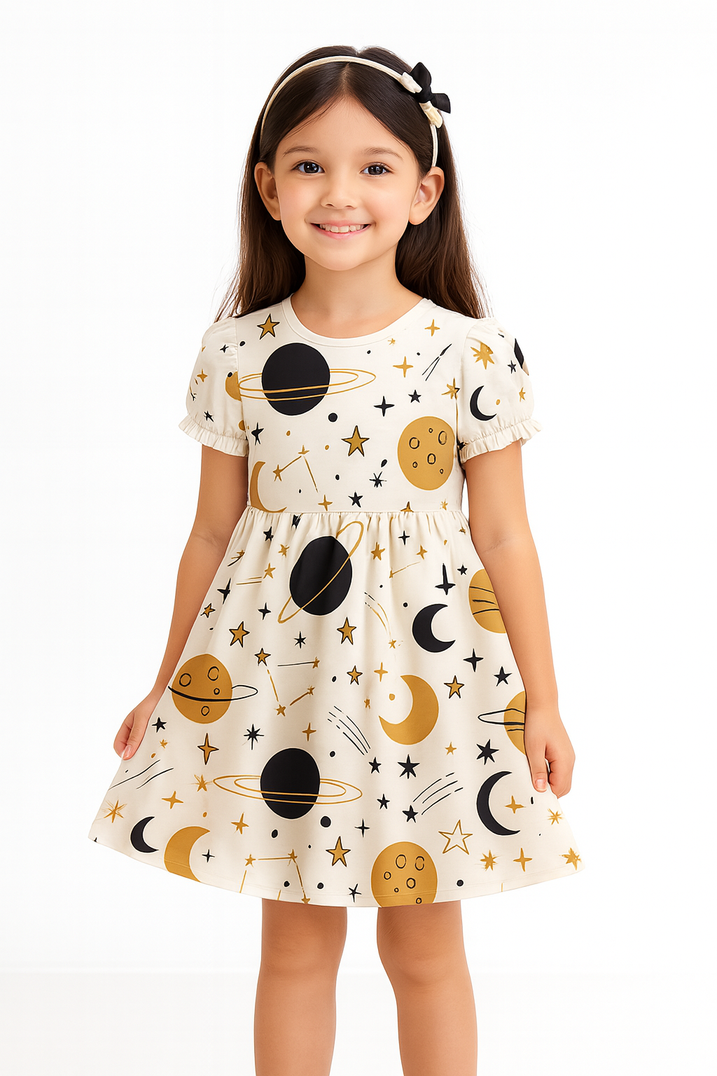Space Galaxy Print A-Line Dress for Baby Girls