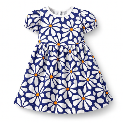 Navy Blue Daisy Print A-Line Dress for Baby Girls