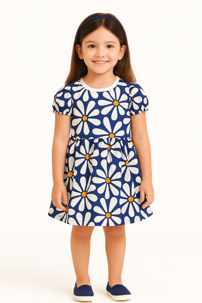 Navy Blue Daisy Print A-Line Dress for Baby Girls