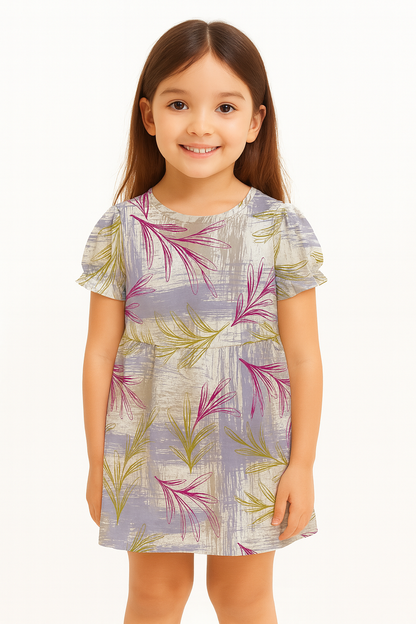 Abstract Brush & Leaf Print A-Line Dress for Baby Girls