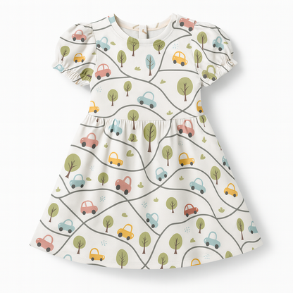 Cute Car & Road Map Print A-Line Dress for Baby Girls
