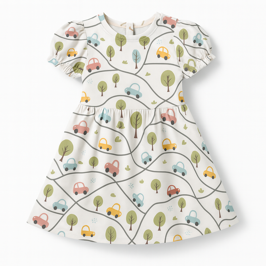 Cute Car & Road Map Print A-Line Dress for Baby Girls
