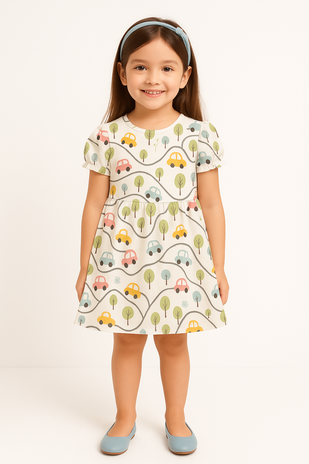 Cute Car & Road Map Print A-Line Dress for Baby Girls