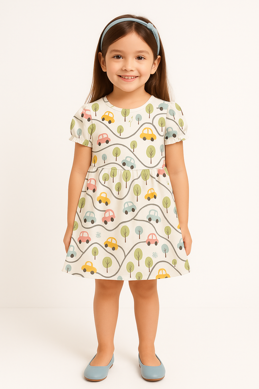 Cute Car & Road Map Print A-Line Dress for Baby Girls