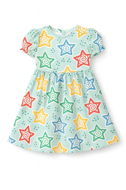Multicolor Spiral Star Print A-Line Dress for Baby Girls