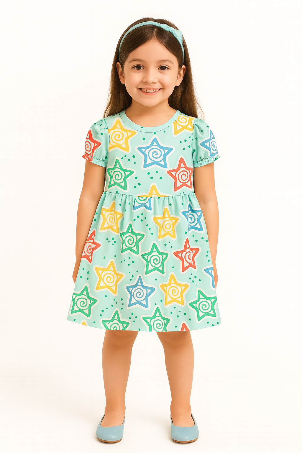 Multicolor Spiral Star Print A-Line Dress for Baby Girls