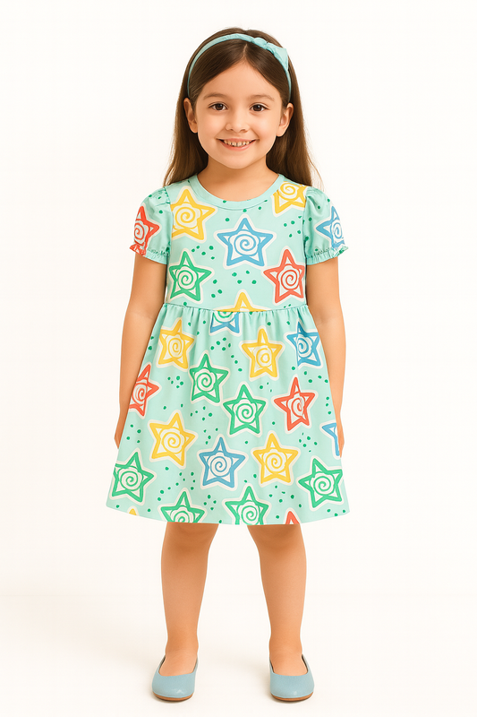 Multicolor Spiral Star Print A-Line Dress for Baby Girls