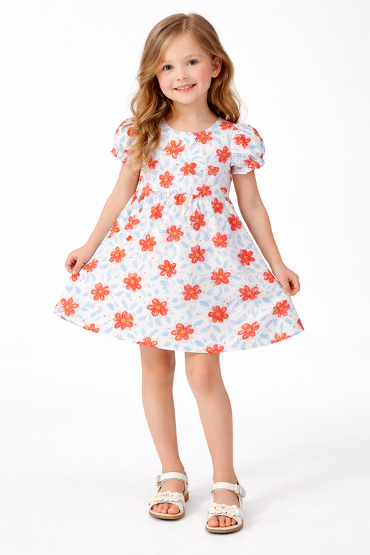 Red Watercolor Floral Print A-Line Dress for Baby Girls