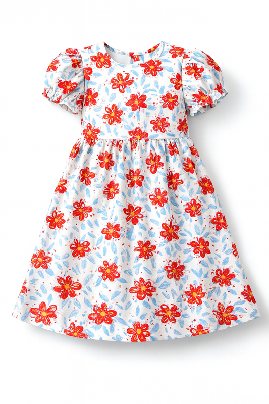 Red Watercolor Floral Print A-Line Dress for Baby Girls