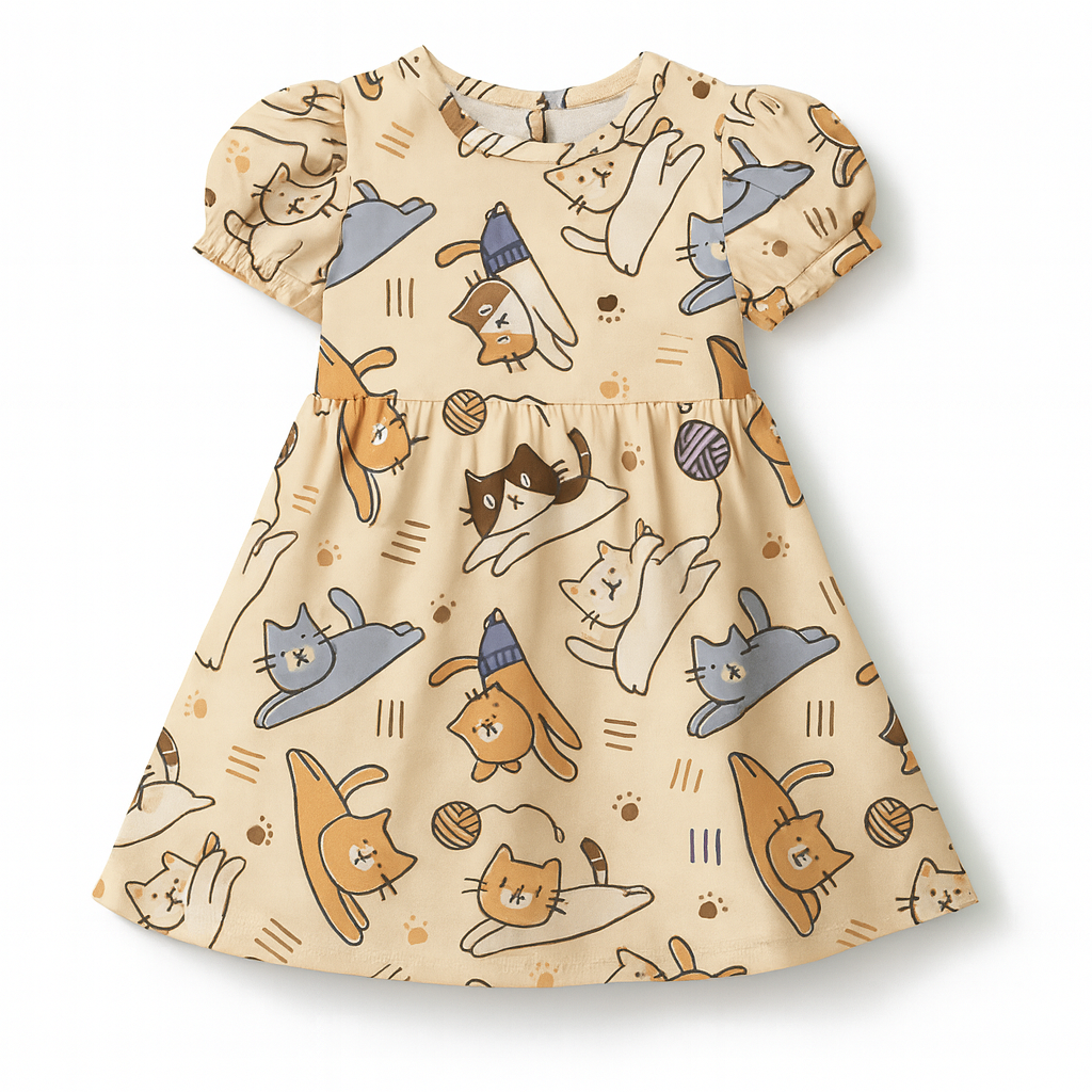 Cute Cartoon Cat Print A-Line Dress for Baby Girls