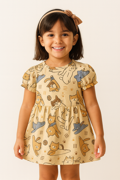 Cute Cartoon Cat Print A-Line Dress for Baby Girls