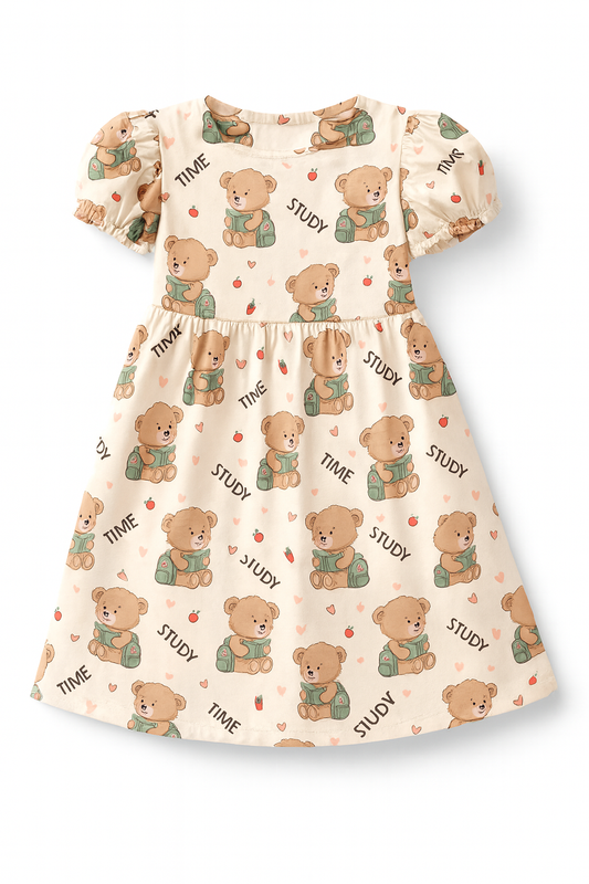 Cute Study Bear Print A-Line Dress for Baby Girls