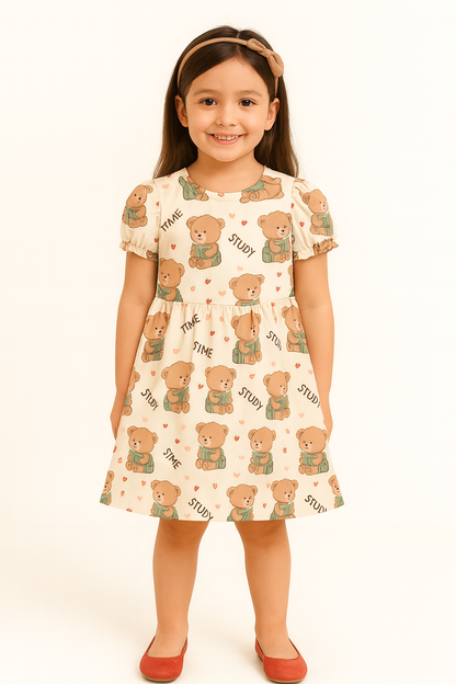 Cute Study Bear Print A-Line Dress for Baby Girls