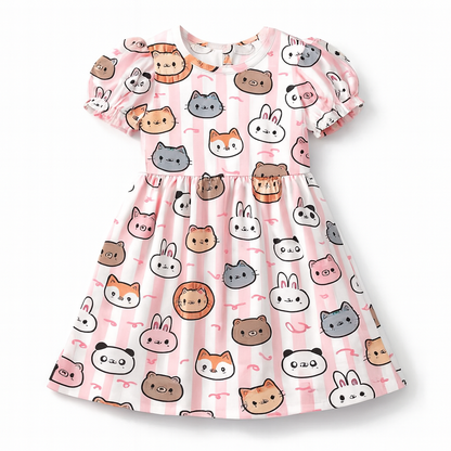 Cute Animal Faces Print A-Line Dress for Baby Girls