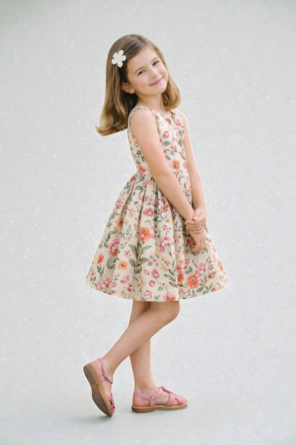 Horcun Clothing Brand sleeveless A-line dress with floral print, coral, green, and daisy details on cream fabric.