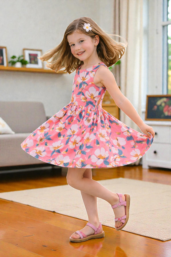 Horcun Clothing Brand sleeveless coral dress with white floral print and twirly skirt for girls.