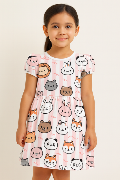 Cute Animal Faces Print A-Line Dress for Baby Girls