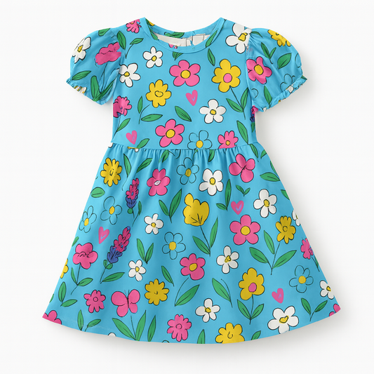 Vibrant Blue Floral Print A-Line Dress for Baby Girls