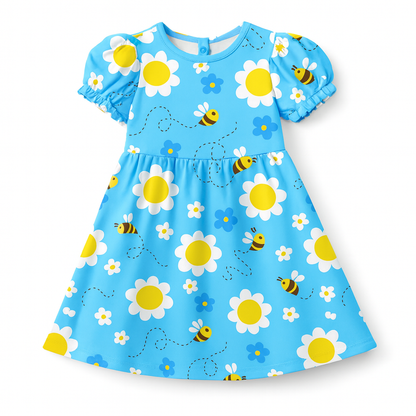 Blue Bee & Daisy Print A-Line Dress for Baby Girls