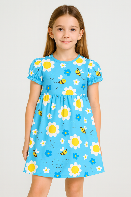 Blue Bee & Daisy Print A-Line Dress for Baby Girls