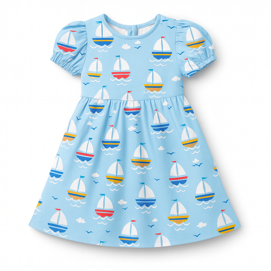 Blue Sailboat Print Summer A-Line Dress for Baby Girls