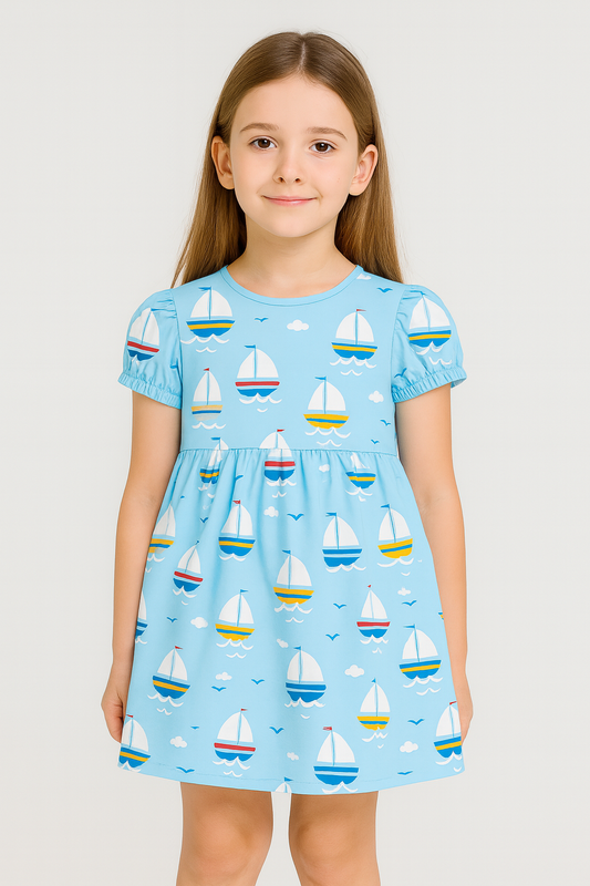 Blue Sailboat Print Summer A-Line Dress for Baby Girls