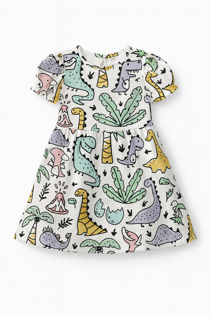 Cute Cartoon Dinosaur Print A-Line Dress for Baby Girls