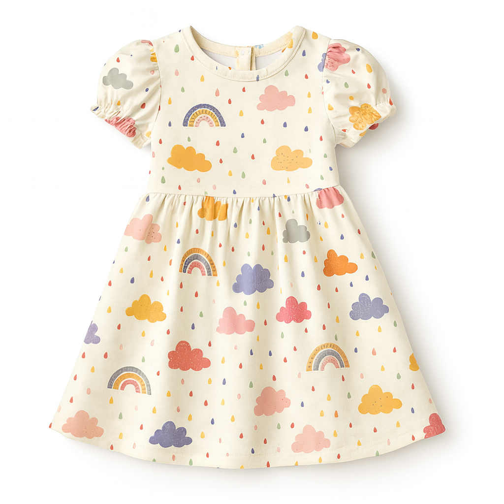 Pastel Rainbow & Cloud Print A-Line Dress for Baby Girls