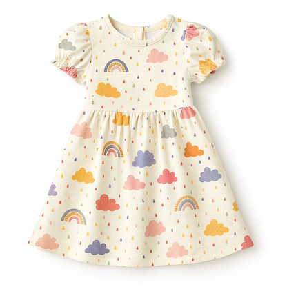 Pastel Rainbow & Cloud Print A-Line Dress for Baby Girls